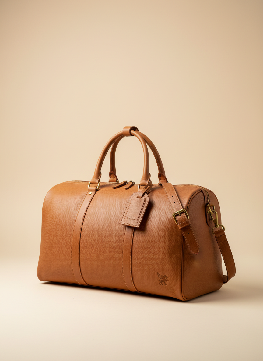 Elegant tan leather weekender travel duffel bag, studio product photo on warm off-white seamless background, portrait orientation, premium e-commerce photography, soft shadow