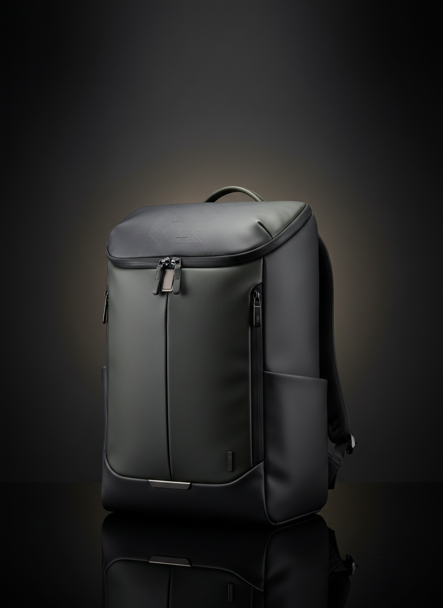 Premium travel backpack in dark tones with modern minimal design, tall vertical composition, luxury studio product photography
