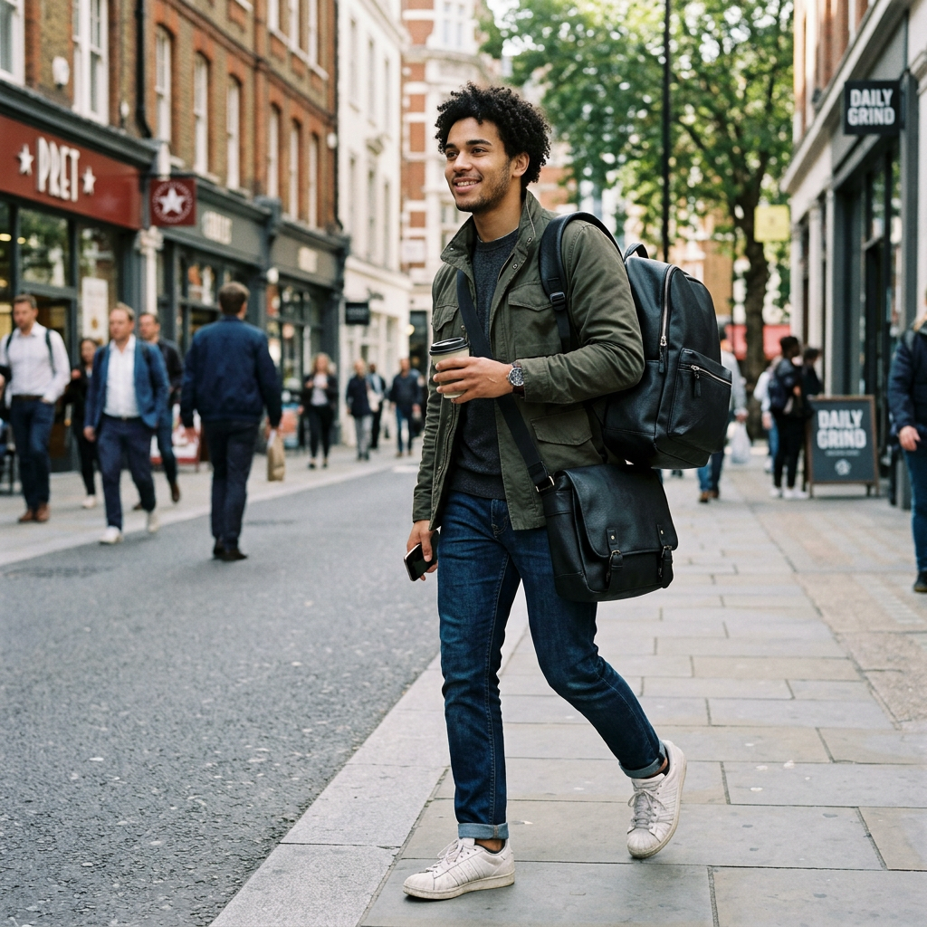 Young man walking on city street with coffee cup and smartphone, carrying backpacks